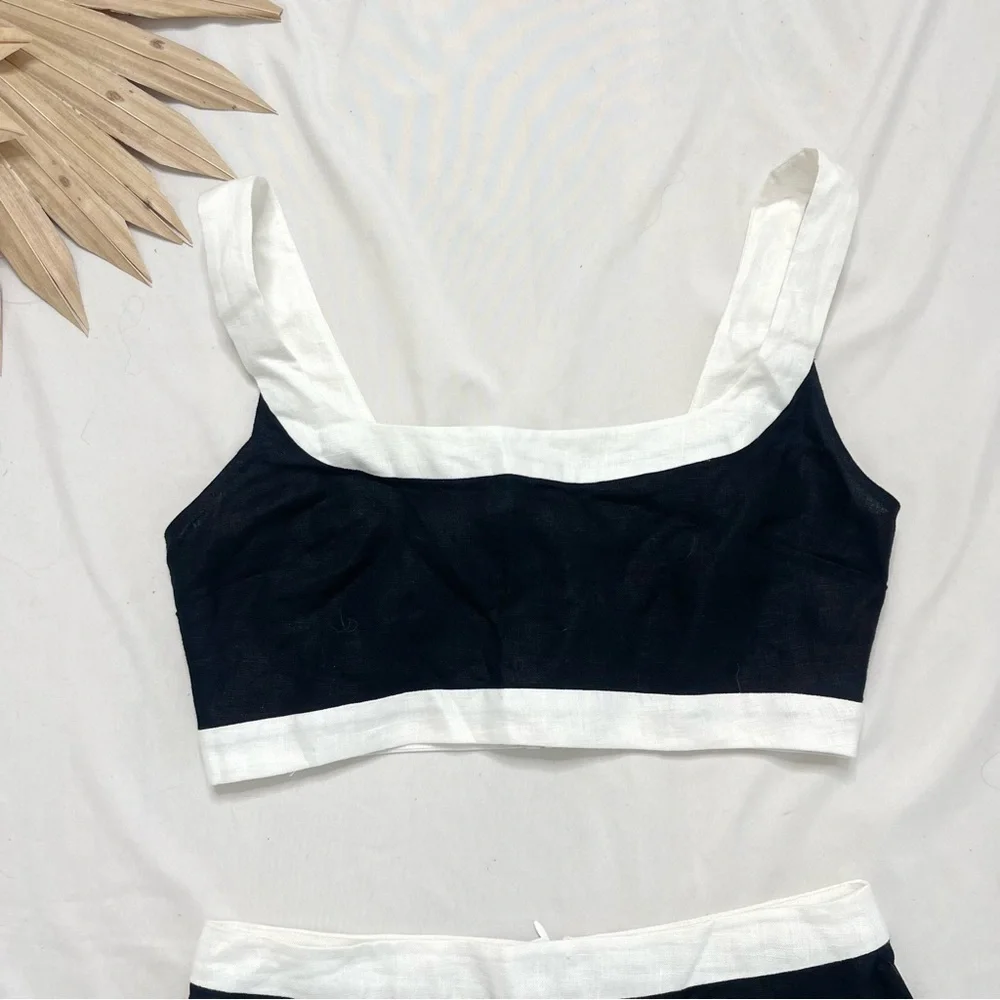 Reformation Robbie Linen Black and White Two Piece Skirt and Top Set Size 6 NWT